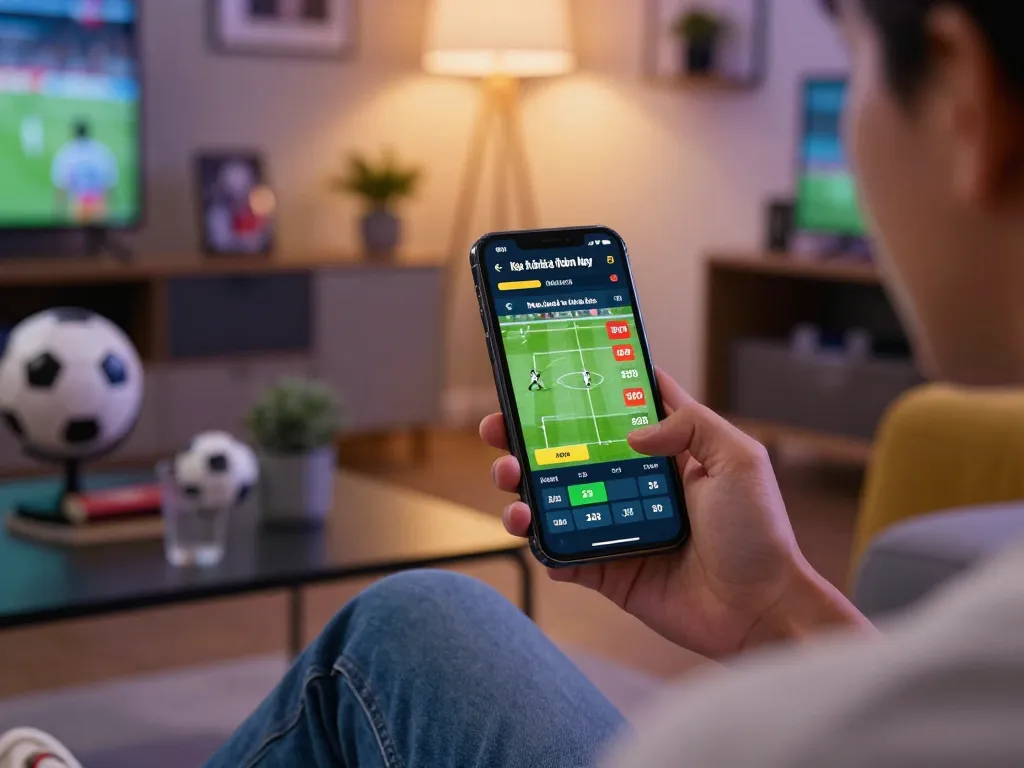 Engaged in kèo nhà cái hôm nay betting, a player using smartphone for live sports wagers in a cozy home