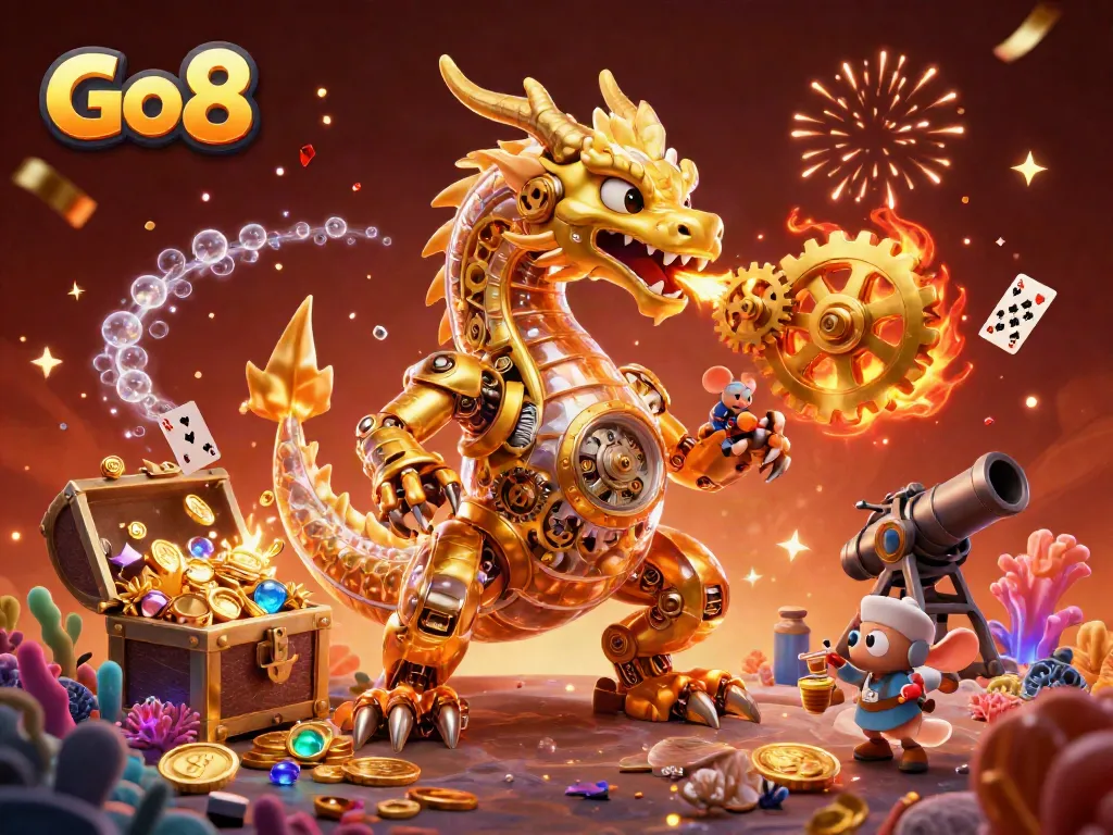 Experience the excitement of Go 8 with vibrant casino-themed elements in a 3D rendered illustration.