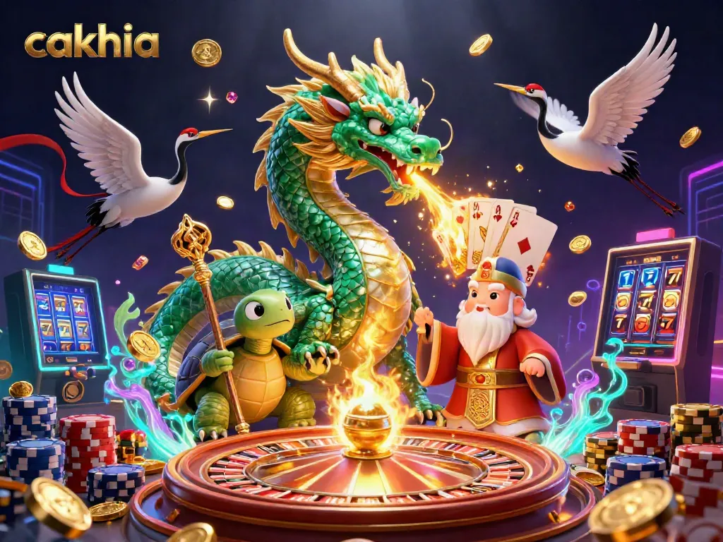 Experience thrilling cakhia gaming with a vibrant 3D illustration featuring a jade dragon, turtle sage, and lucky cranes.