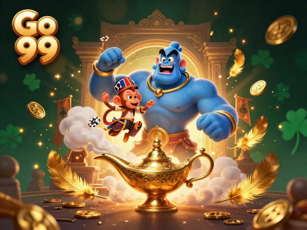Experience the thrilling world of Go 99 with a magical genie, poker chips, and vibrant casino elements.