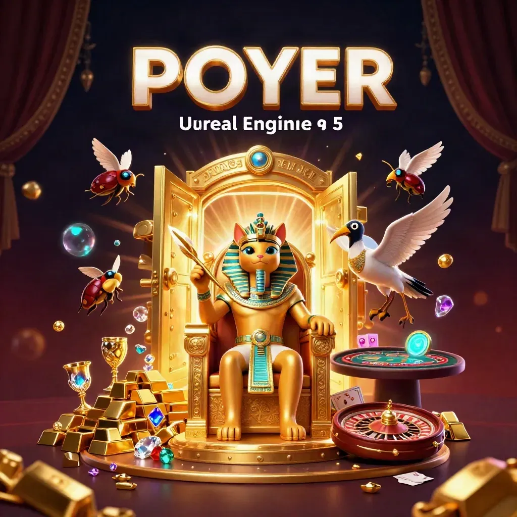 Pharaohkatt på tron, ibis med guldfjäder, skarabéer, skattkista och casinoeffekter.