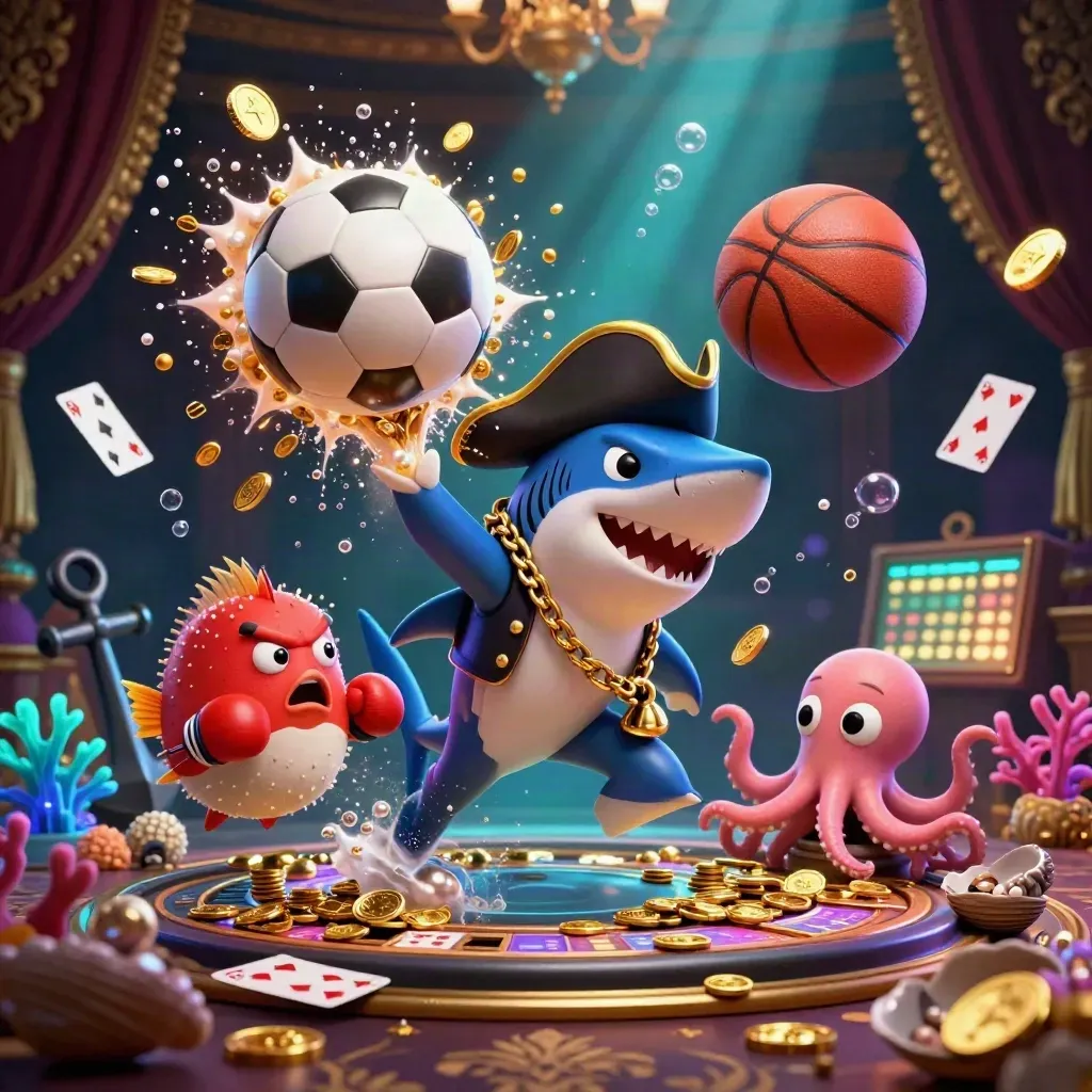 Piratshark, röd blåsfisk och liten bläckfisk i en glittrande undervattenscasinoaction.