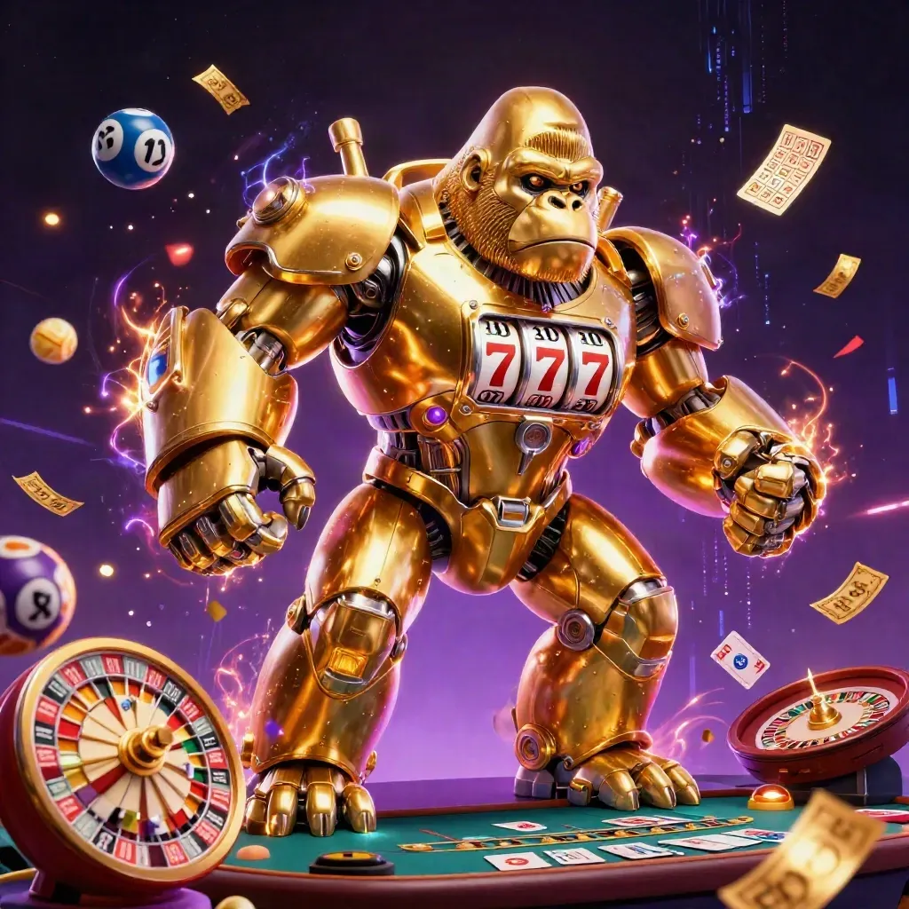 Guldfärgad gorillamek med liten pilot, spelhjul och lysande casinoeffekter i mörk neon.