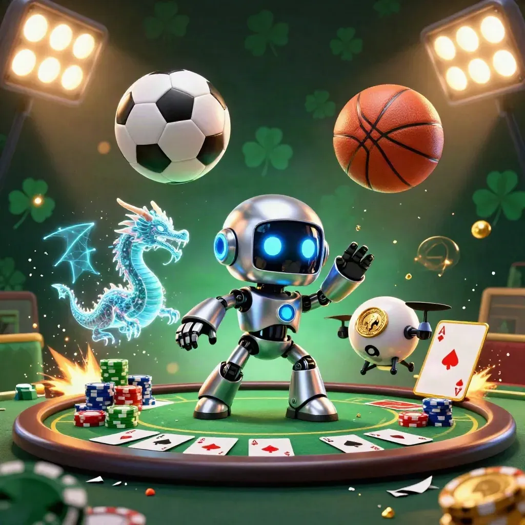 Cyberpunkrobot, drake och drönare i en exploderande sportduell med casinoglyt