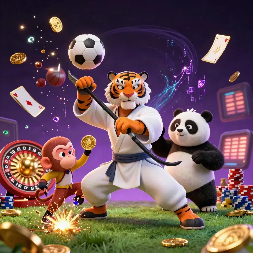 Kung-fu tiger, panda och apa bland guldmynt, roulettehjul och casinoeffekter.