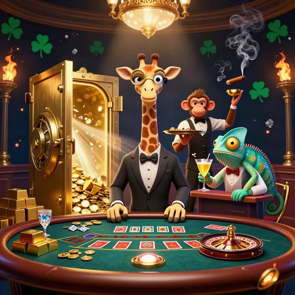 Giraff, apa och kameleont i lyxigt casino med guld, smycken och dramatiskt ljus.