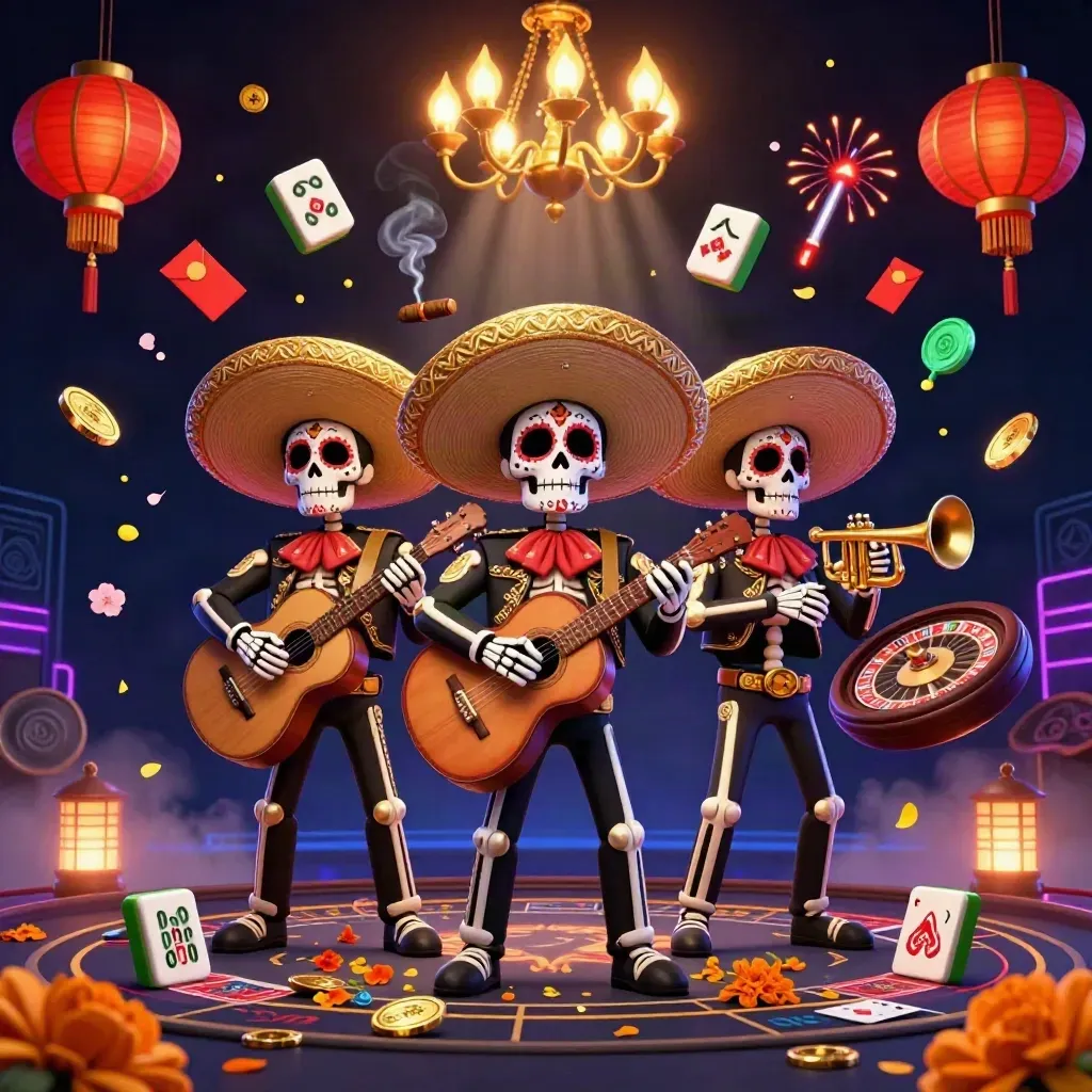 Tre skelettmariachis i casinoljus med lyktor, mynt och neon, lyxig 3D-key art.