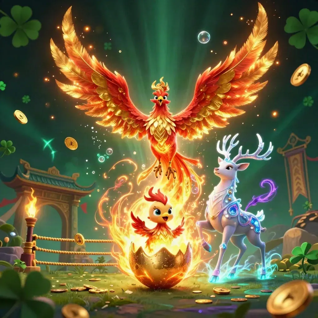 Eldphoenix, nykläckt liten phoenix och kristallhjort i gyllene casinoglow.