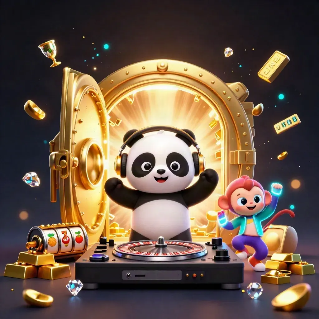 3D-panda DJ, dansande apa och glow-stick-katt vid ett öppet skattvalv med guld och juveler