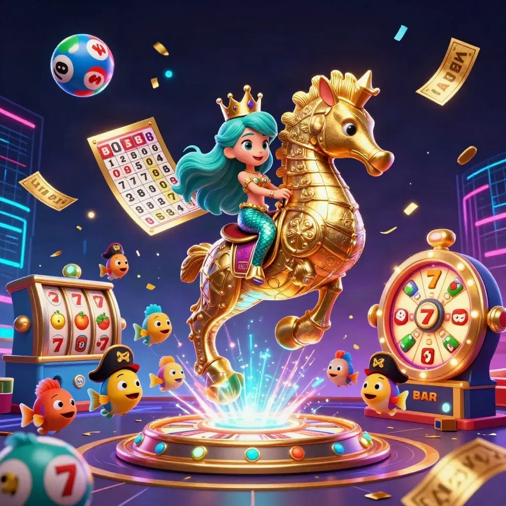 Merprinsessa på sjöhäst med piratfiskar, lotteribollar, hjul och neonenergi i casino-stil.
