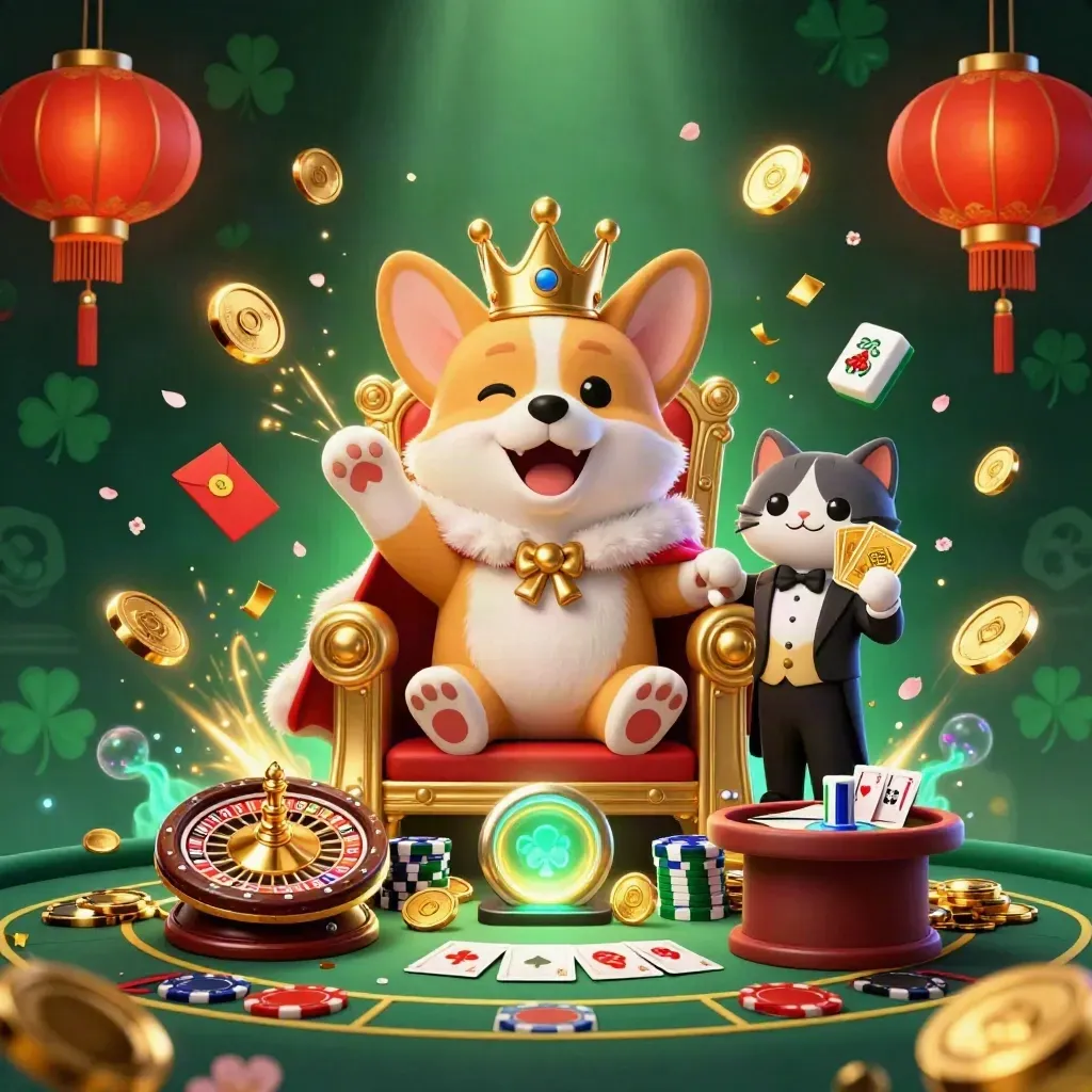 Kunglig corgi och kattbutler bland gyllene mynt, lyktor och casinobling i mörkgrönt ljus.