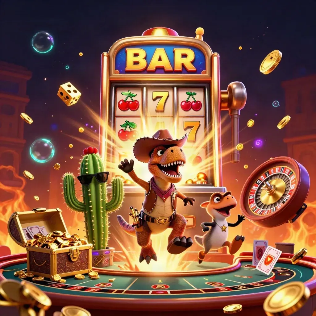 Tre karaktärer firar vid en sprängande spelautomat med guldmynt, roulette och glödande ljuseffekter