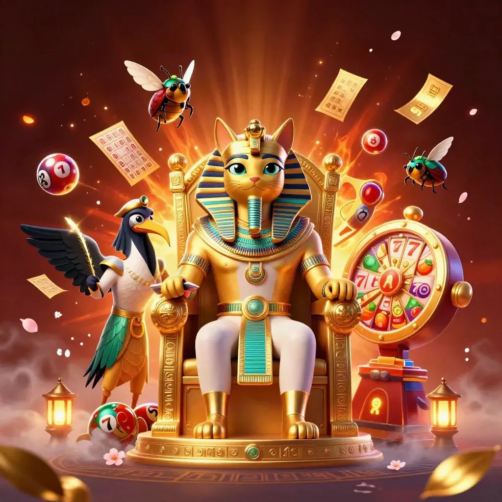 Pharaokatt på tron, ibis och skalbaggar i guldcasinons magiska explosion