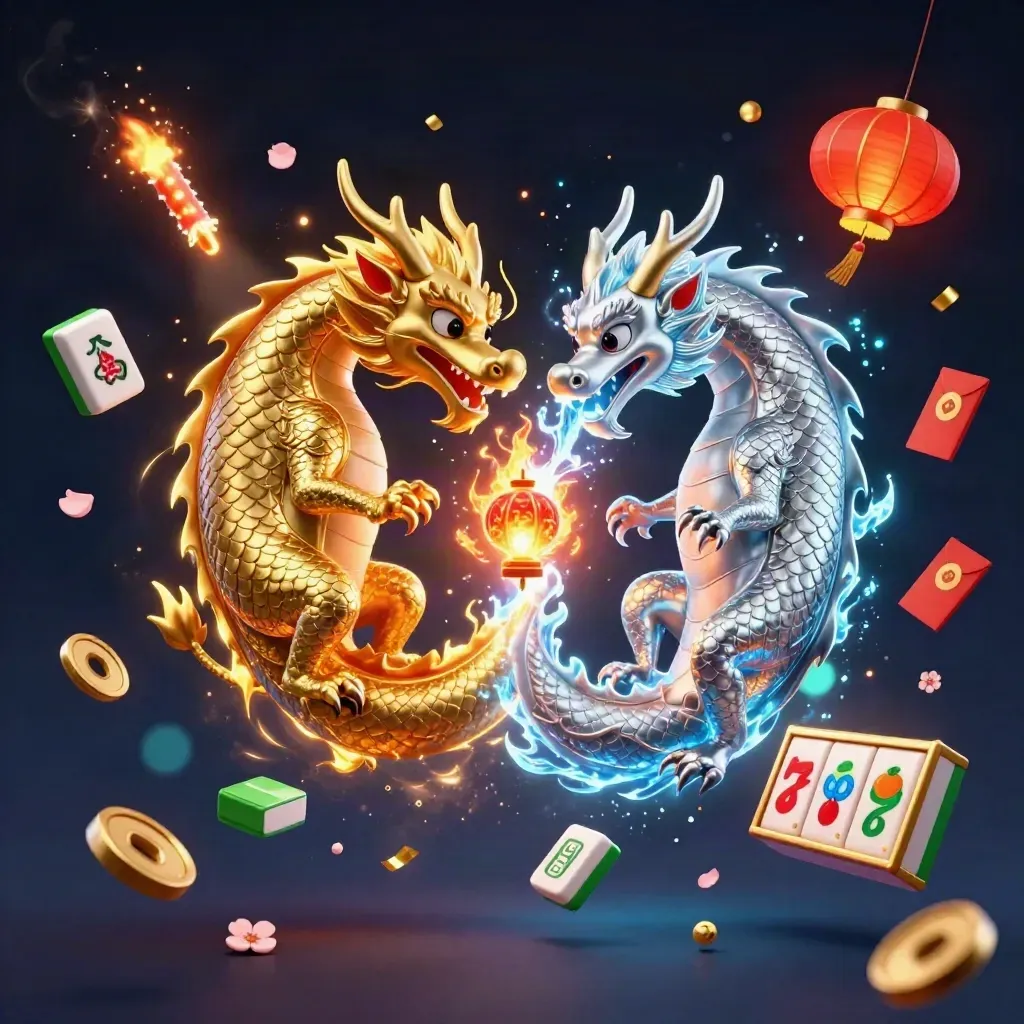 Två drakar i guld och silver i yin-yang med spelmynt och ljuseffekter.