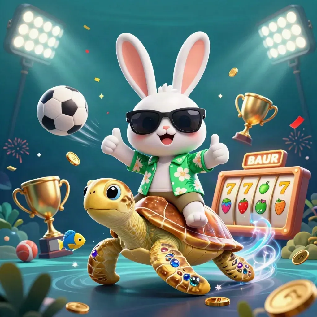 Glad kanin rider på gyllene sköldpadda i undervattenscasino med sportbollar och konfetti