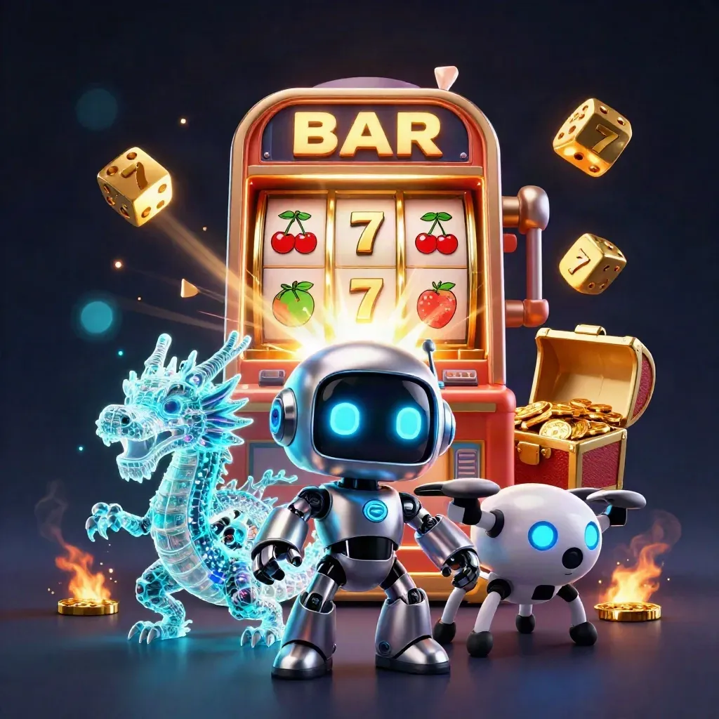 Robot, holografisk drake och myntdrönare bland jackpot, symboler och guld mot mörkblå bakgrund.