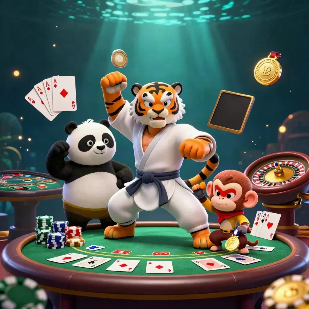 Tre kung-fu-djur kring pokerbord med marker, hjul och guldglitter i mörk casinoatmosfär.