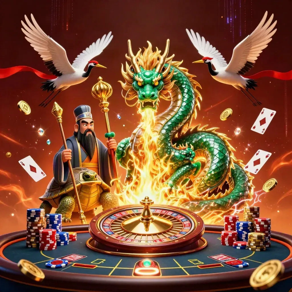 Drake, sköldpadda och tranor i casinoaction med guldmynt, roulette och eldglöd.