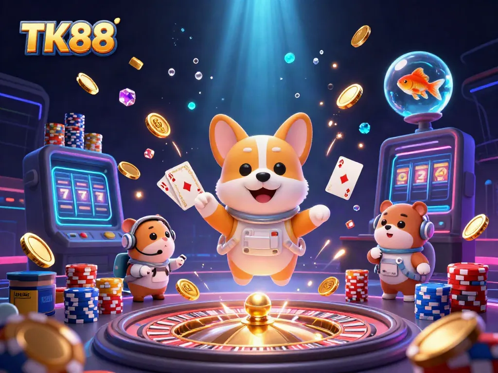 Experience the excitement of TK88 as a corgi astronaut navigates a space casino filled with vibrant lights and floating coins.