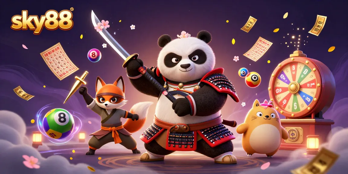 Sky88 engages players with vibrant lottery elements as samurai panda and ninja fox showcase exciting gameplay.