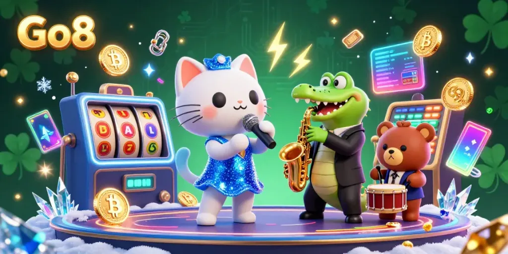 Experience the thrill of Go8 with captivating characters and vibrant casino elements illuminating the scene.