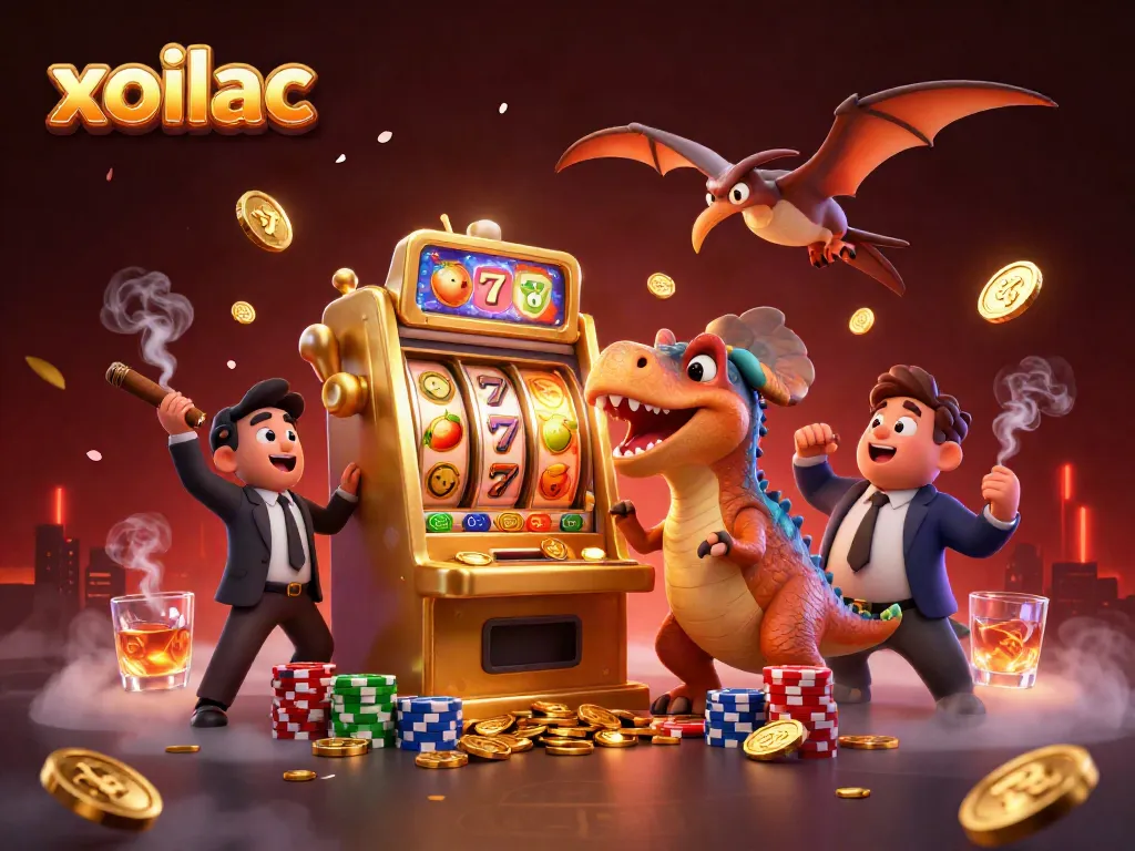 Experience explosive luck with xoilac as dinosaurs collide with a jackpot machine, creating a dynamic casino atmosphere.