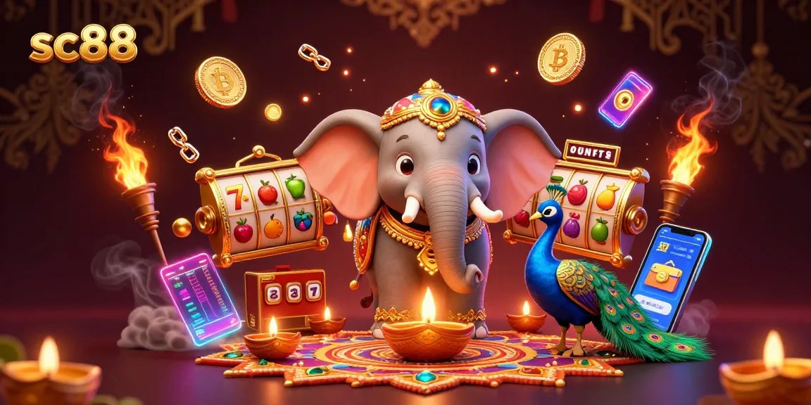 Engage with sc88's vibrant gambling scene featuring a Diwali-themed elephant amidst slots and crypto elements.