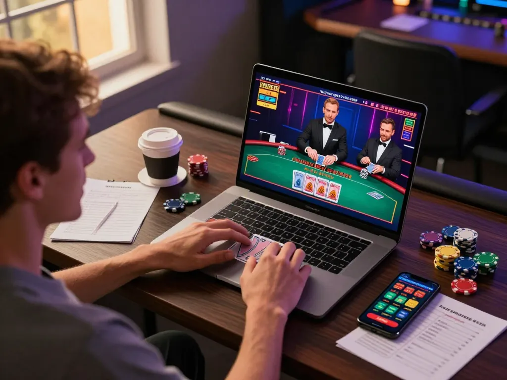 79king player engaged in live blackjack at home workstation with vibrant game interface and strategic notes.