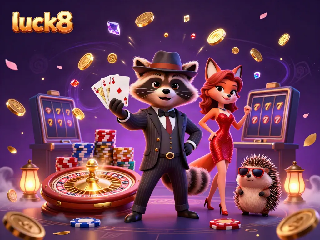 Experience luxury gaming with luck8 as a suave raccoon and glamorous fox illuminate the casino.