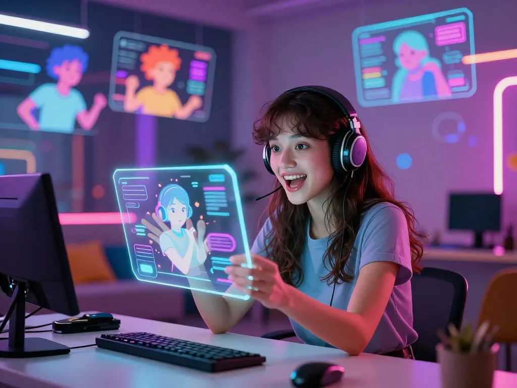 Engaging AI 18+ chat scene illustrating vibrant adult interactions with holographic characters.