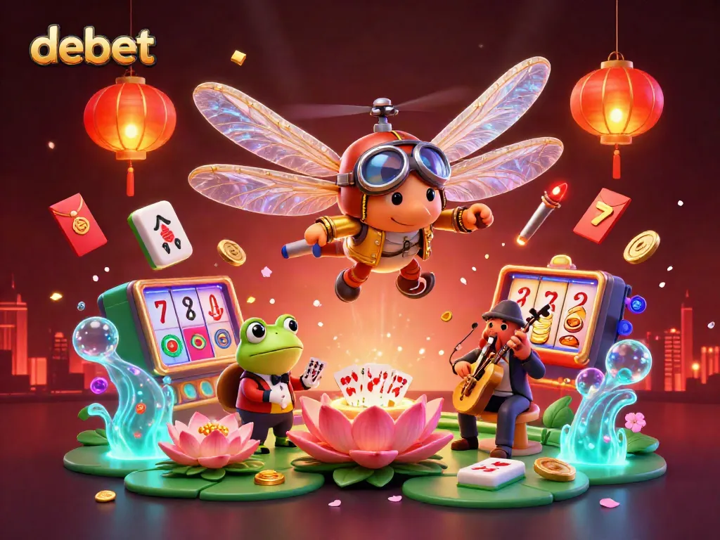 Experience lively gaming at debet with a frog croupier, dragonfly pilot, and vibrant casino elements.