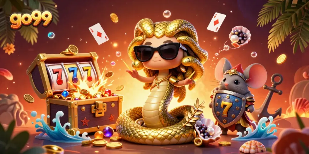 Spin the reels at go99’s vibrant 3D casino scene featuring playful Medusa and slot elements.