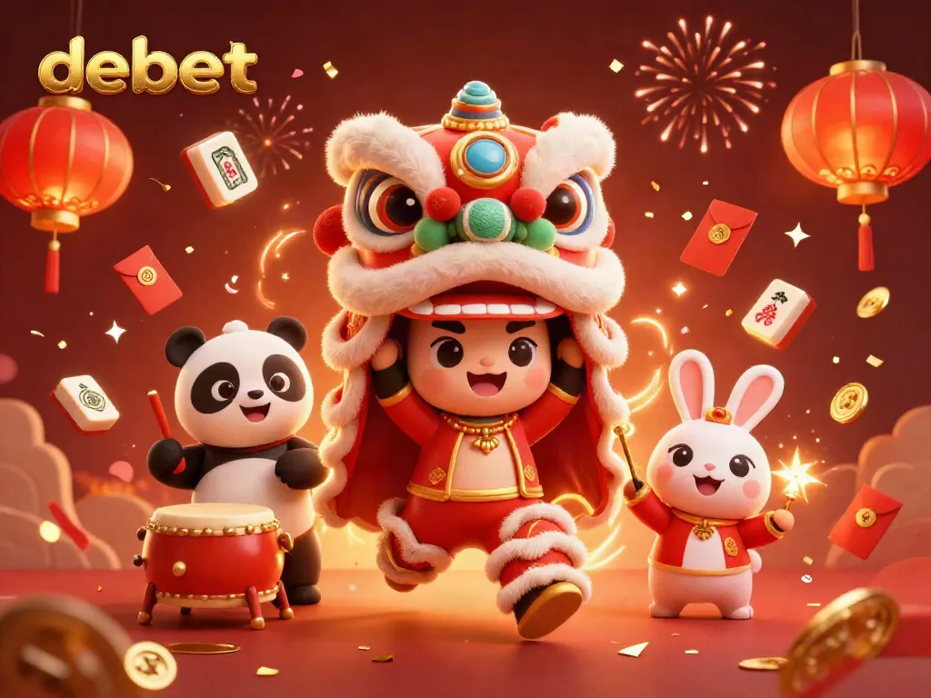 Experience thrilling debet gaming with vibrant lion dance characters and festive decorations.