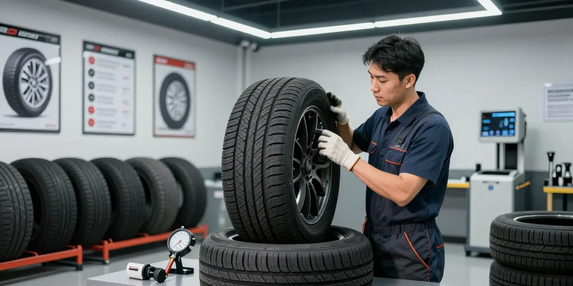 Professional mechanic examining Double Coin RR99 tire tread in a well-lit automotive workshop.