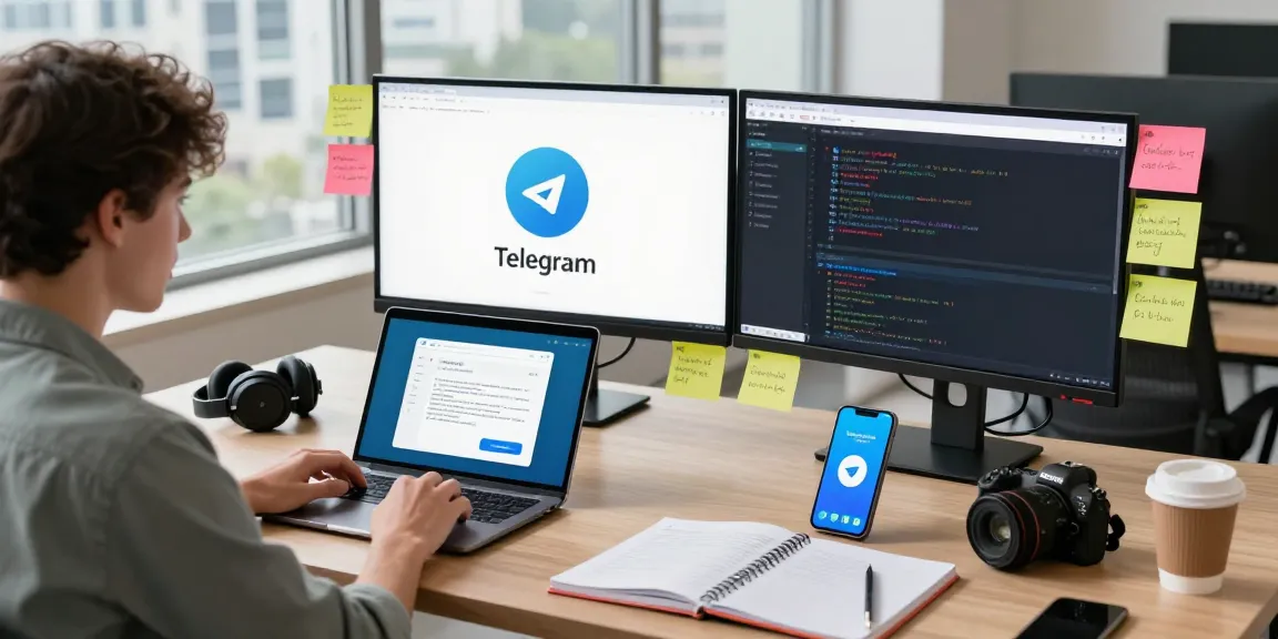 Download Telegram on multiple devices in a modern workspace with vibrant tech elements