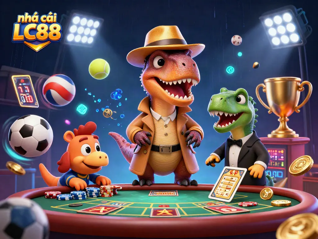 Experience thrilling moments at nhà cái LC88 with cartoon dinosaurs engaged in casino antics.