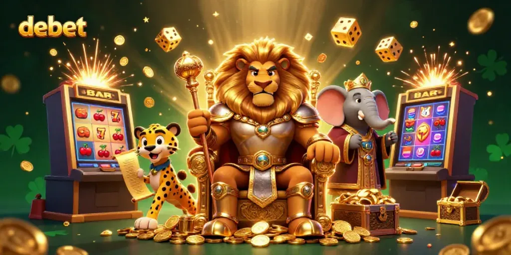 Engage with debet's vibrant casino atmosphere featuring a lion king, wise elephant, and swift cheetah.