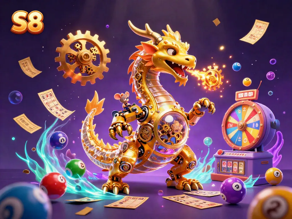 S8 online casino features a golden dragon and a mouse engineer among colorful lottery elements.