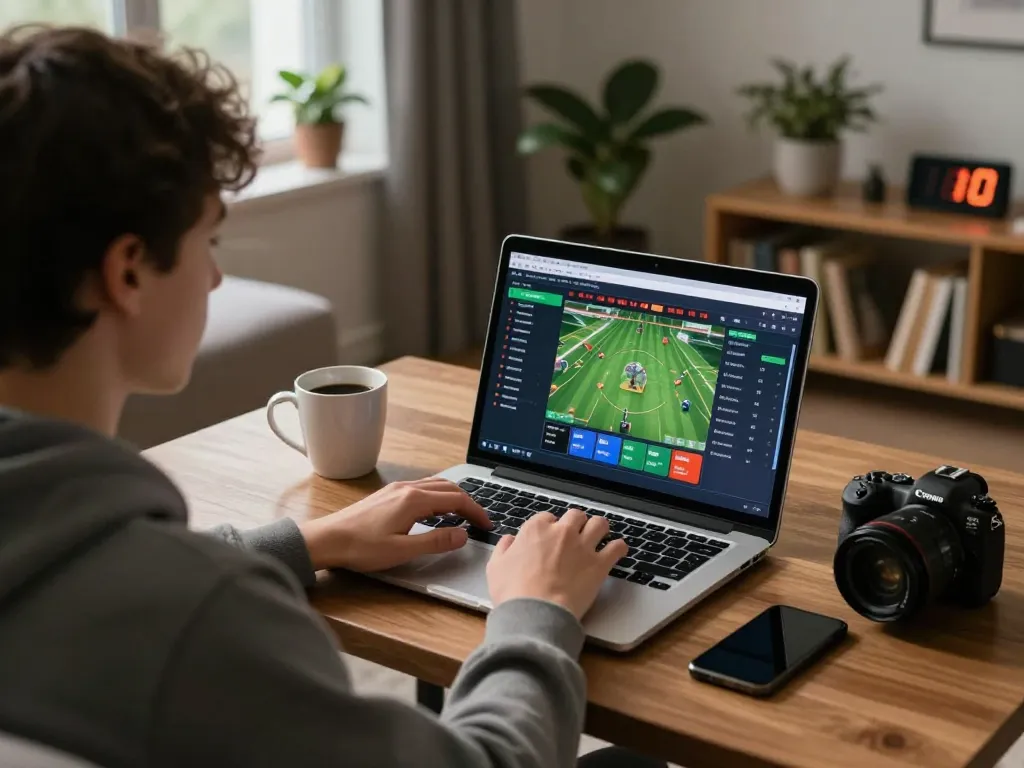 Engaged bettor using cm88 for online sports betting on a laptop in a cozy living room.