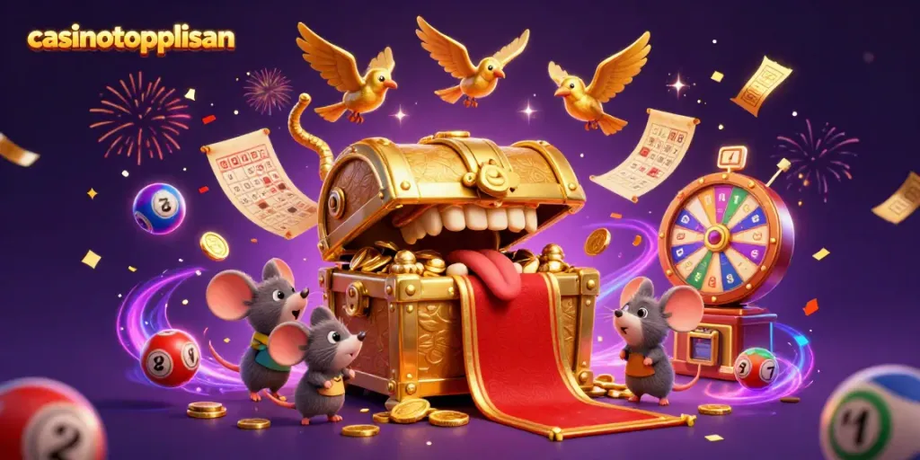 Se casinotopplistan i en livlig 3D-illustration med en gyllene skattkista och spännande spelsymboler.