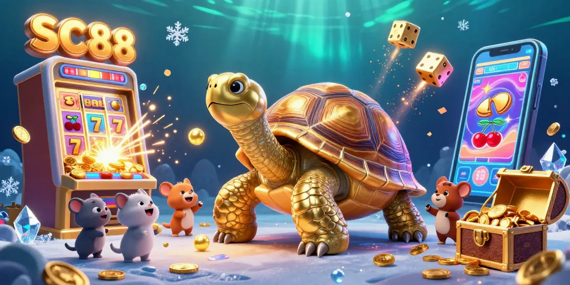 Engage in thrilling casino excitement at SC88 with an ultra-detailed 3D illustration showcasing a colossal tortoise and slot machine.
