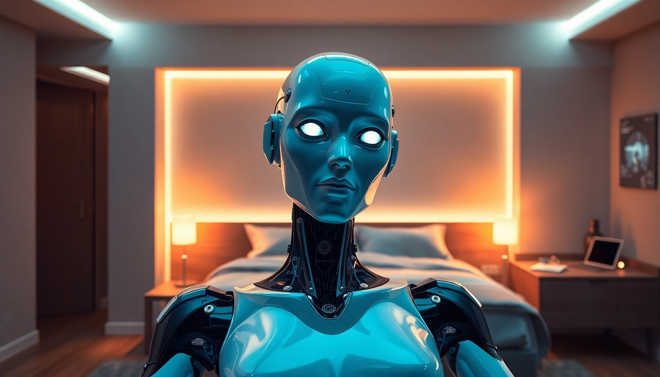 Futuristic sex bot with humanoid features in a modern, ambient-lit bedroom setting
