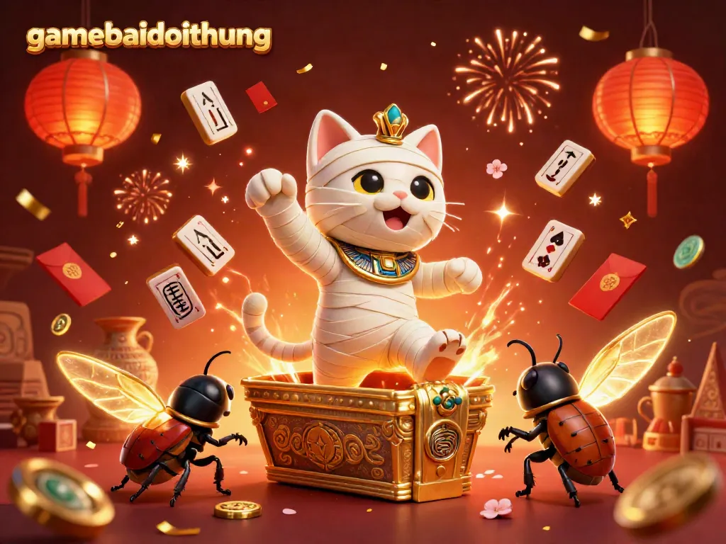 Experience the thrill of gamebaidoithuong with an Egyptian mummy cat bursting from a golden sarcophagus in a vibrant casino