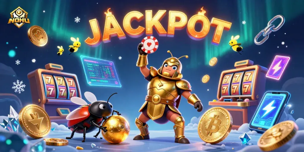 Join the excitement at NOHU with a victorious beetle lifting a poker chip amidst vibrant jackpot symbols.