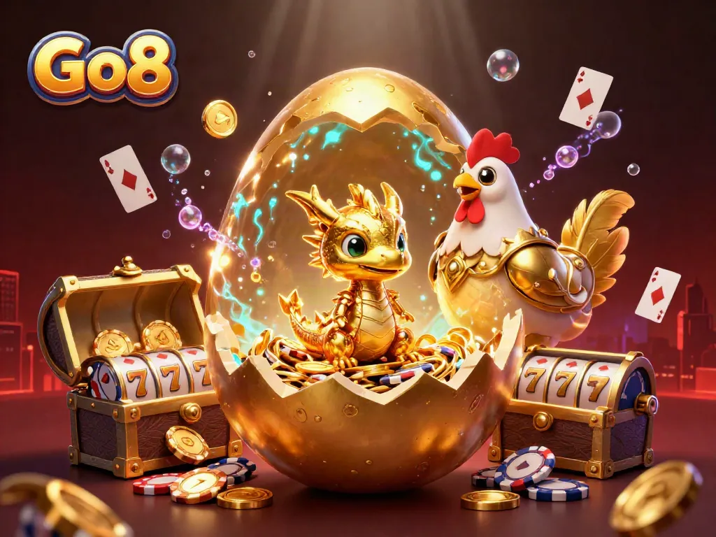 Experience GO8 with a golden dragon guarding treasures in a vibrant casino scene.