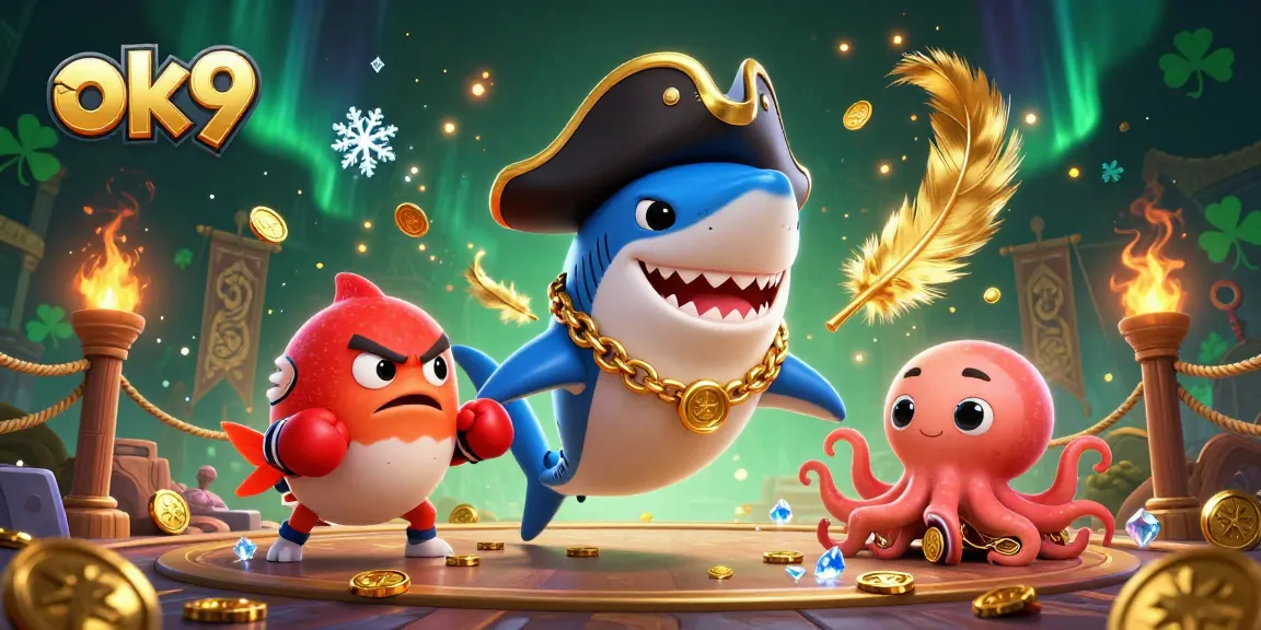 Engage in thrilling gaming with ok9, showcasing a pirate shark and friends in a vibrant casino world.