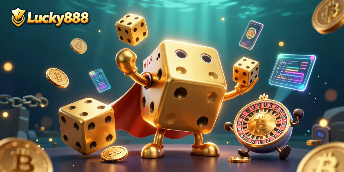 Engage with Lucky888, featuring a golden dice golem and glowing crypto elements in a vibrant casino scene.