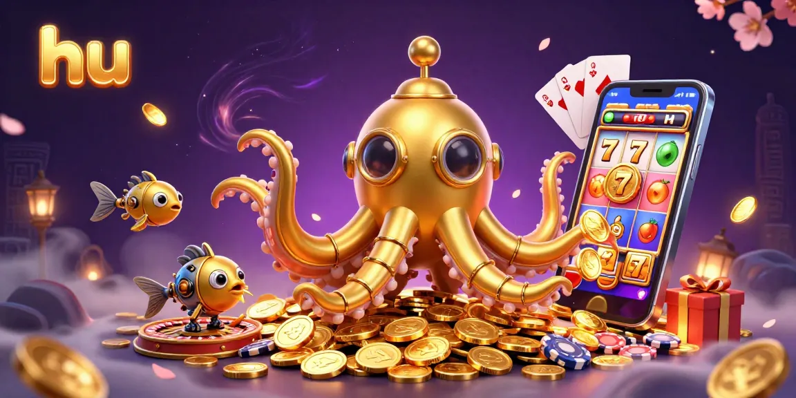 Engage hu premium slot games with a dynamic 3D kraken submarine amidst golden coins.