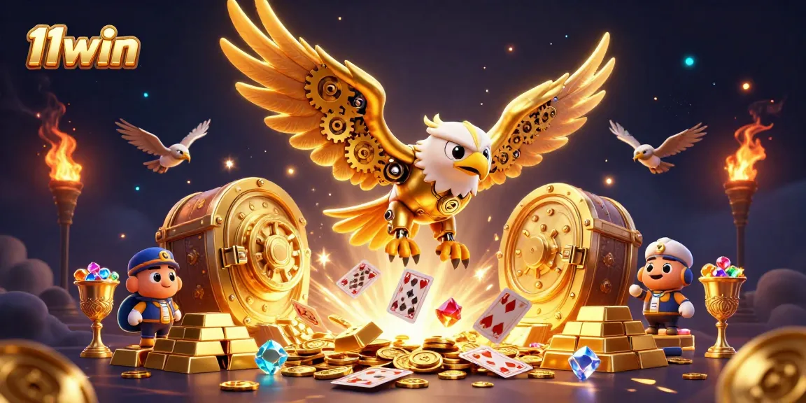 Immerse yourself in 11win's stunning casino world with a golden eagle soaring through holographic cards.