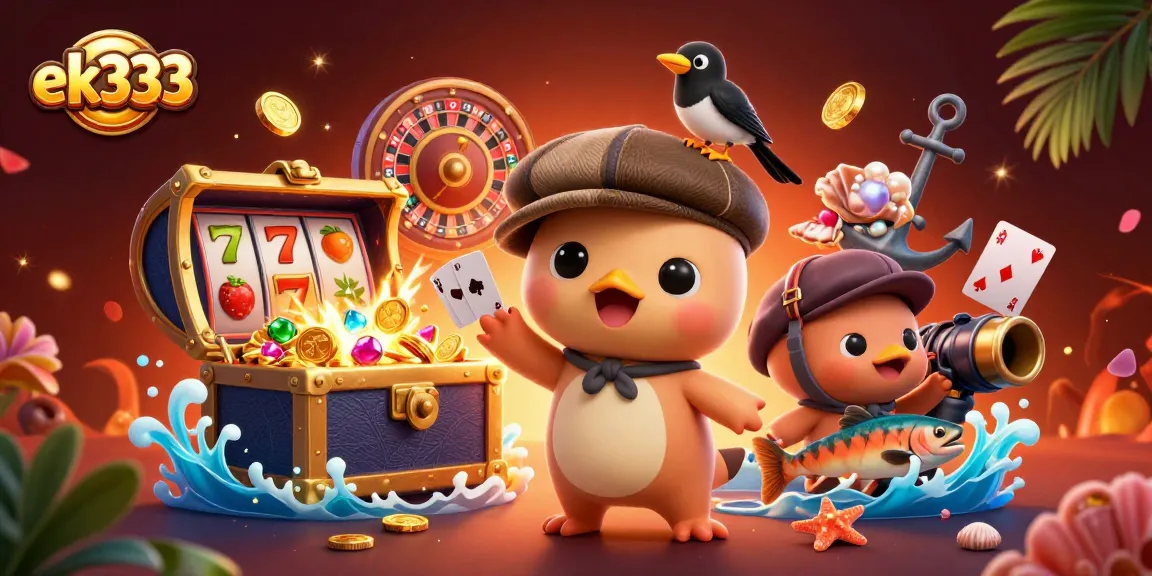 Vibrant ek333 scene with cartoon characters enjoying casino games amidst treasure.